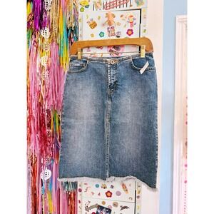 Vintage 90s bluenotes Jeanswear Blue Denim Midi Skirt with Frayed Hem